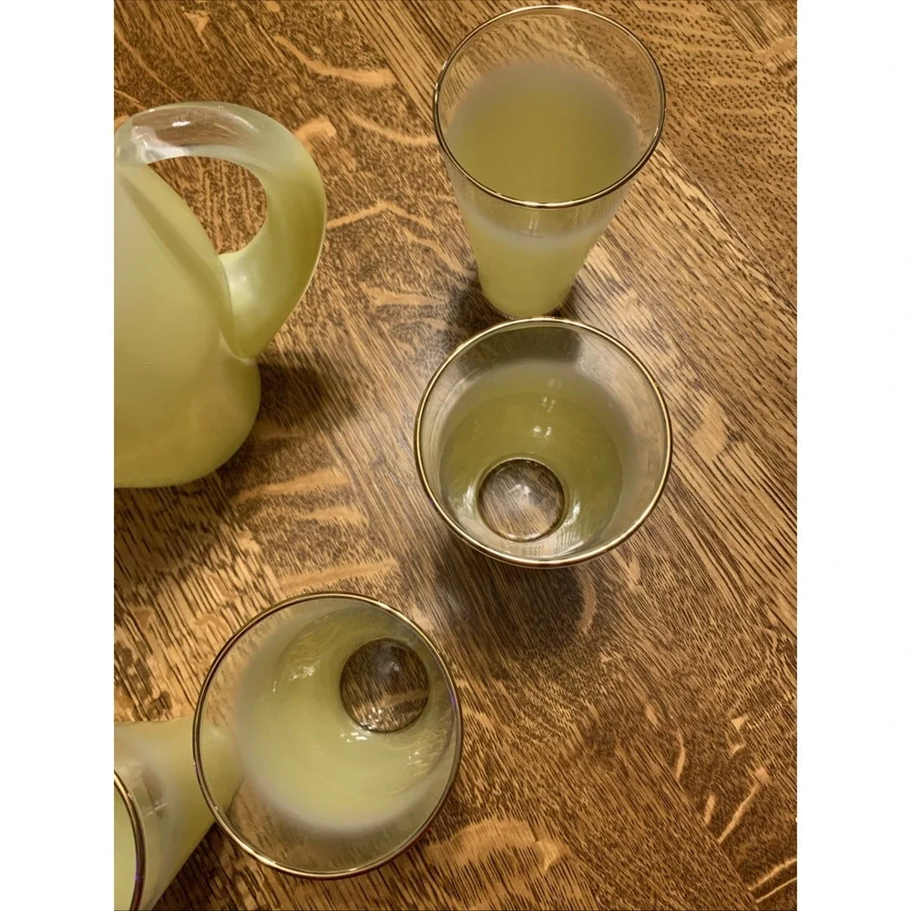 Vtg Lot Blendo Yellow Ombre Frosted Glass Set BIG Pitcher & 6 Tumblers MCM Decor